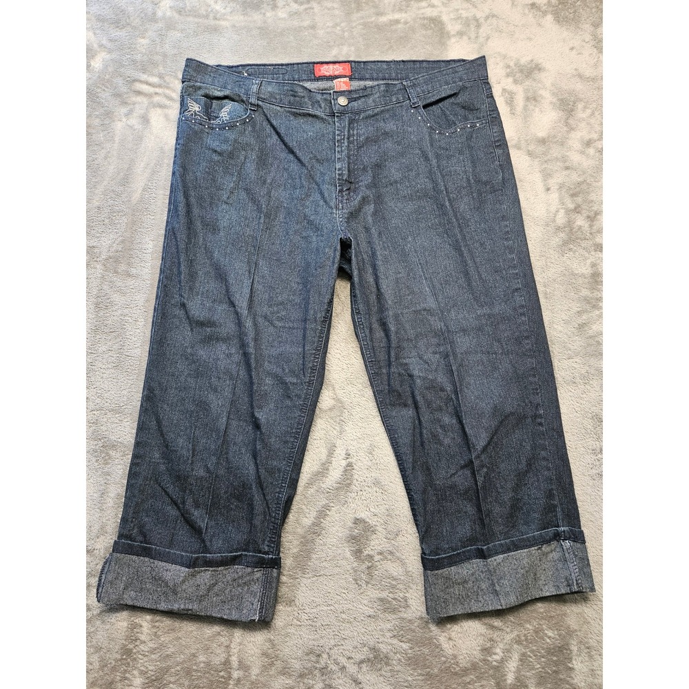 COSJEANS Women 18W Dark Wash Embroidered Studded Capri Jeans Cuffed Crop Pants
